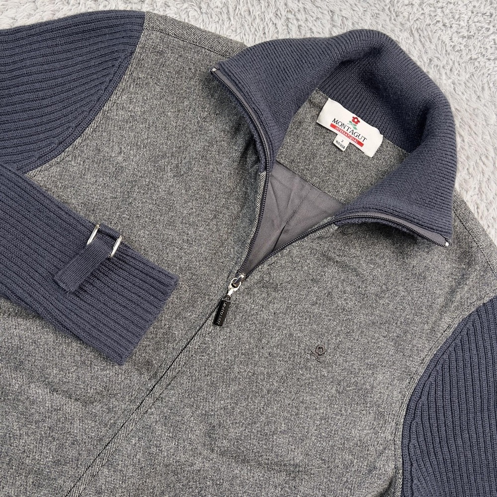 Vintage Montagut Jacket Women Small S Grey Blue Mixed Media Knit Full Zip Bomber